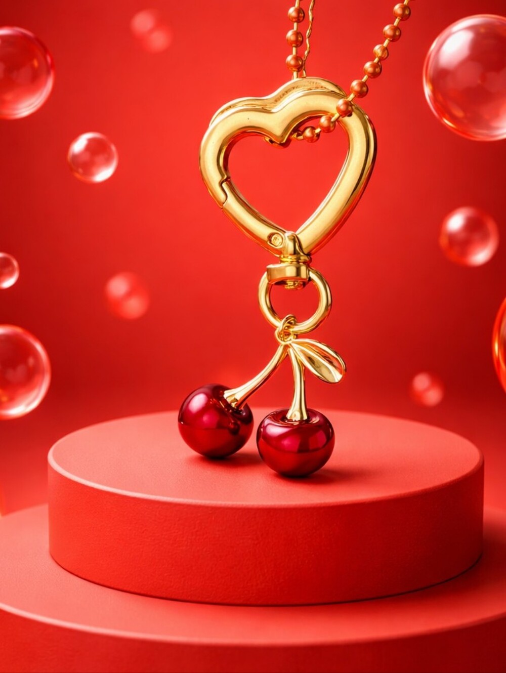 Gold Heart Keychain with Deep Red Cherry Accents Hand Crafted.